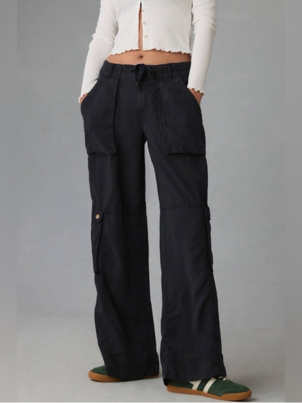 Anthropologie Navy Wide Leg Cargo Pants Pockets Drawstring Waist